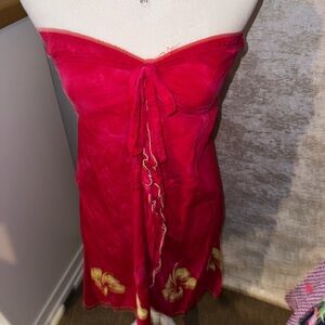 Red Strapless Dress with Yellow Floral Accents